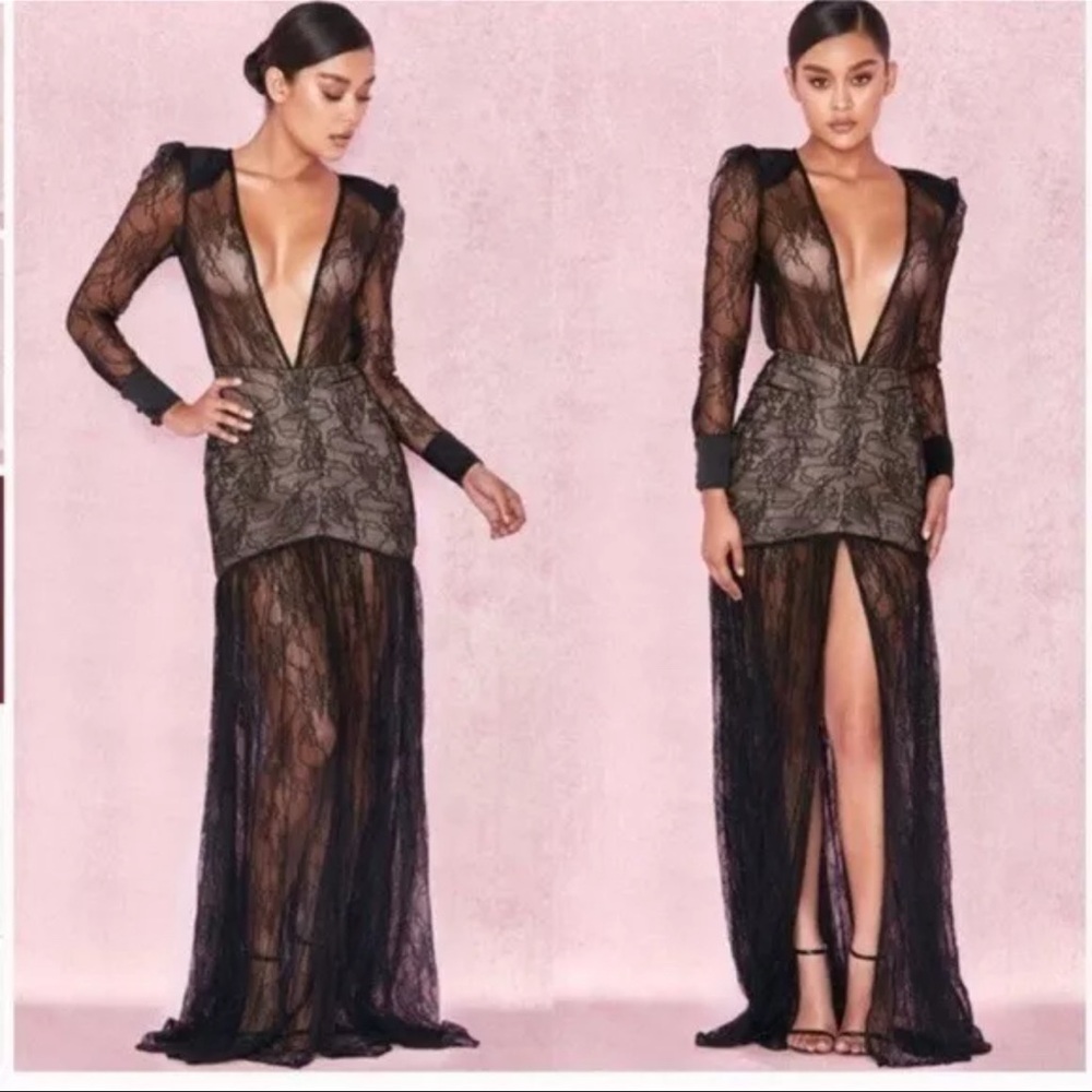 NWT House of CB Black Lace Griffe Deep Plunge Maxi / Gown  Sz S.